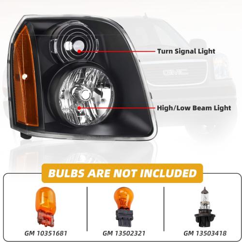 Headlight Assembly Pair Compatible with GMC Yukon/Yukon XL 1500 2500 2007-2014, Factory-Style Head Lamp Replacement 15861026 15861025, Black Housing Amber Side, Left and Right Side
