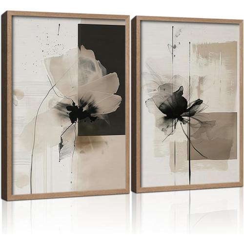 2Pcs Framed Black and White Flower Abstract Wall Art Modern Neutral Canvas Prints Posters Pictures Gallery Wall Decor Living Room Bedroom Office Apartment 12X16 Inch Ready to Hang