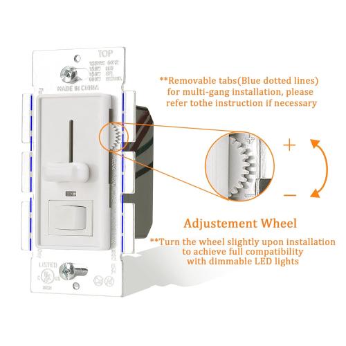 Cloudy Bay in Wall Dimmer Switch with Green Indicator,for LED Light/CFL/Incandescent,3-Way Single Pole Dimmable Slide,600 Watt max,Cover Plate Included,White,2 Pack