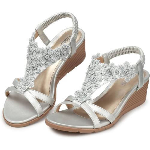 TEMOFON Women's Low Wedge Heels Summer Dressy Platform Sandals Elastic Ankle Strap Open Toe Flower Shoes size 40