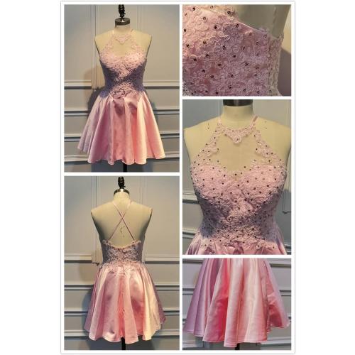 Size 17W Color Grey Satin Lace-Applique Homecoming Dresses Short with Pockets Halter Cocktail Dresses