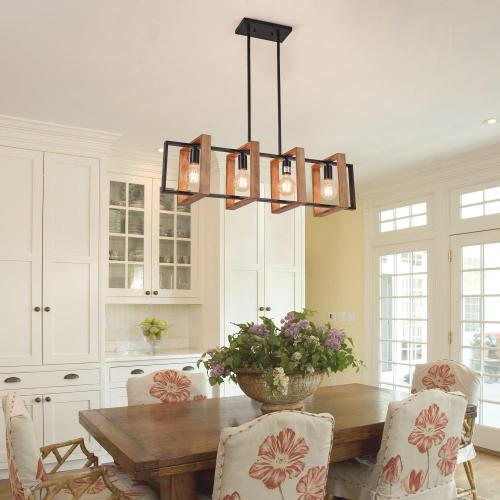 Dining Room Light Fixture Farmhouse Pendant Lights Kitchen Island Rustic Kitchen Light Fixtures 4 Lights Wood and Black Metal Rectangular Chandelier Ceiling Hanging Lighting 35.4
