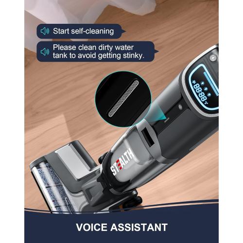 Stealth ECVP01 Cordless Wet Dry Vacuum Cleaner, Smart Vacuum Mop with Self-Cleaning Detachable Battery for Hard Floor Area Rugs Carpet, LCD Display, 30min Runtime, Voice Prompt