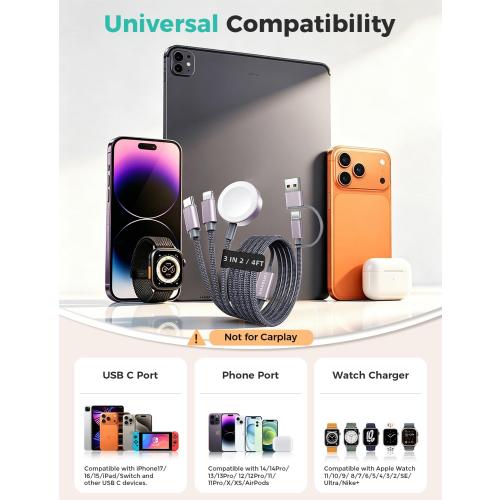 2026 Travel Essentials for Apple Watch Charger,Cruise Vacation Camping Essentials,iPhone Charger,Multi Charging Cable,3 in 2 Charging Docks for iWatch Series 11-2/Ultra,iPhone 17-12,Car