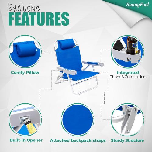 SUNNYFEEL Extra Wide 28 Low Beach Chair 5 Position Lay Flat, XL Oversized Portable Folding Camping Chairs with Cup Holder for Outdoor/Trip, Lightweight Foldable Backpack Beach Chair for Adults