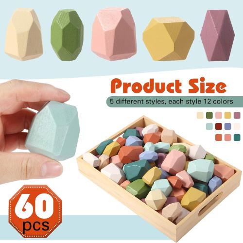Jenaai 60 Pcs Stacking Rocks Montessori Colorful Wooden Balance Stones Easter Basket Stuffers Blocks Educational Sensory Learning Puzzle(Morandi Color)