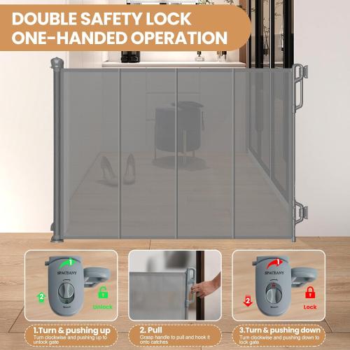 SPACEANY Reinforced Retractable Baby Gate, Mesh Dog Gate, Child Safety Gate for Doorways, Stairs, Hallways, Indoor/Outdoor, Wide Openings -33.5 Tall, Width up to 55 Gray