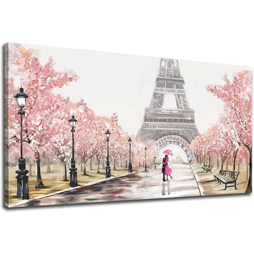 Eiffel Tower Canvas Wall Art - Romantic Paris Street Scene with Cherry Blossoms & Couple, Pink 20x40 Inch, Ready to Hang Framed Print for Living Room Bedroom Decor (Gallery Wrapped)