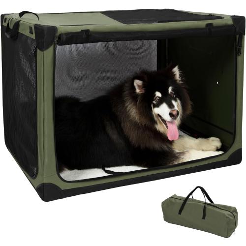 Pettycare Portable Travel Dog Crate 4-Door Soft Sided 42 Inch Collapsible Dog Crate with Curtains Durable Mesh Foldable Pet Kennel Soft Crates for Large Dogs Indoor & Outdoor Olive Green