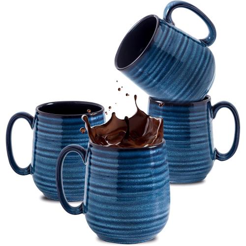 HASENSE Coffee Mugs Set of 4, 12 Ounce Ceramic Coffee Cups with Handle, Large Mug Set for Latte, Tea, Chocolate, Modern Cup Gift for Men and women, Dishwasher & Microwave Safe(Blue)