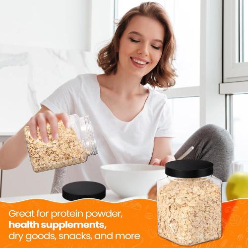 Gerrii 32 oz Plastic Storage Jars with Lids Bulk Clear Grip Containers with Wide Mouth, Wide Mouth Pantry Dry Food Storage Canisters Jars for Flour, Rice, Coffee, Sugar, Honey, Black Lids