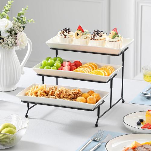MALACASA 3 Tier Serving Trays for Party, Porcelain Serving Platters and Trays, 12 Inch Tiered Tray Stand, Fruit Tray, Trays for Serving Food, White Dessert Stand with Collapsible Sturdier Metal Rack