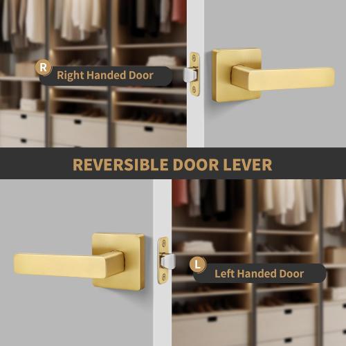 Brushed Gold Door Handles, Heavy Duty No Lock Passage Door Lever, Reversible Square Door Handle Without Lock for Hallway Closet Doors, Satin Brass