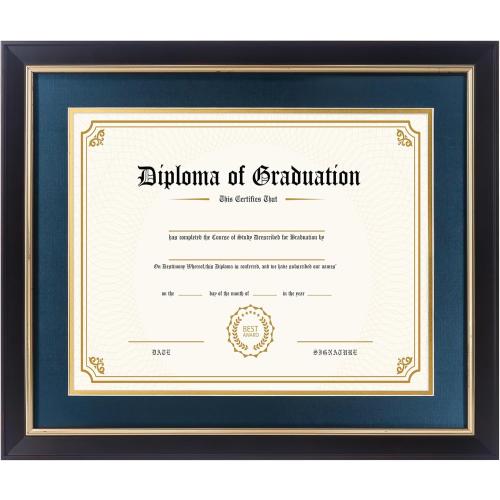 11x14 Diploma Frame with Navy over Gold Mat, 14x17 Certificate Frame, Real Wood with Gold Trim, Black Frame with Arcylic