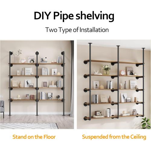 Pynsseu Industrial Iron Pipe Shelf Wall Mount, Farmhouse DIY Open Bookshelf, Pipe Shelves for Kitchen Bathroom, bookcases Living Room Storage, 3Pack of 5 Tier.