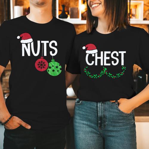 Size XL ...1 pcs..Chest and Nuts Christmas Shirts Xmas Couples Matching Outfits His and Her Holiday Short Sleeve Matching Sets