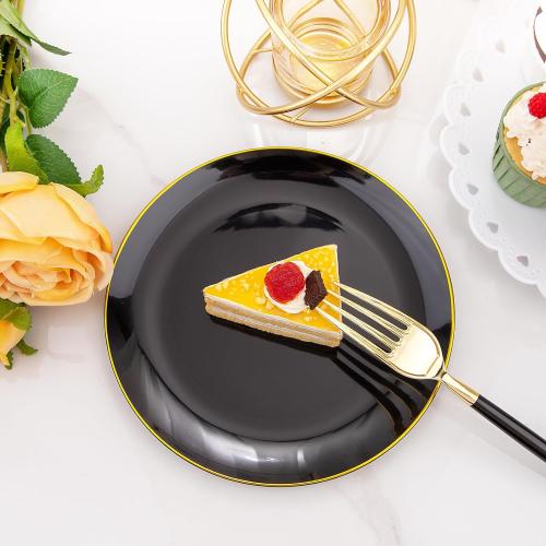 I00000 144Pcs Black and Gold Dessert Plate Set, Including 72Pcs Black and Gold Plastic Plates 7.5 and 72Pcs Disposable forks 8.5, Fancy Salad Plates with Gold Rim for Thanksgiving and Party