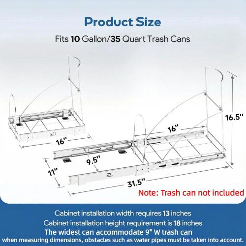 Pull Out Trash Can Under Cabinet & Under Sink, Heavy Duty Slider Organizer | Adjustable Cabinet Garbage Can Rack, Fits 30-40Qt Bins, Requires 13W x 18D Cabinet Opening, Chrome Finish, Can Not Included