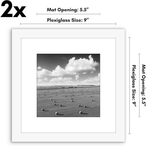 Americanflat 9x9 Picture Frame with Polished Plexiglass - Set of 2 - Use as 6x6 Frame with Mat or Display 9x9 Photo Without Mat - Galleria Collection - Square Frames for Tabletop and Wall - White