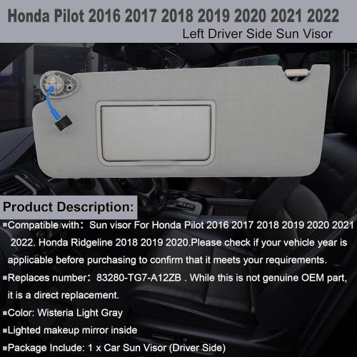 Color Grey NHILES Left Driver Side Sun Visor Fits for Honda Pilot 2016-2022 Honda Ridgeline 2018-2020 Replacement Sun Shade # 83280-TG7-A12ZB (Wisteria Light Gray)
