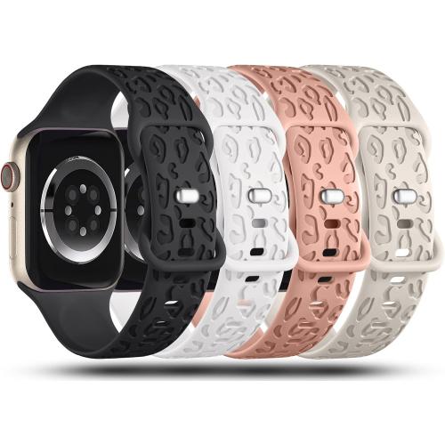 4Pack Leopard Engraved Bands Compatible with Apple Watch Band for women 40mm 41mm 42mm 38mm 44mm 45mm 46mm 49mm, Soft Silicone Cheetah Sport Strap for iWatch Series 10 9 8 7 6 5 4 3 2 1 Ultra/2 SE