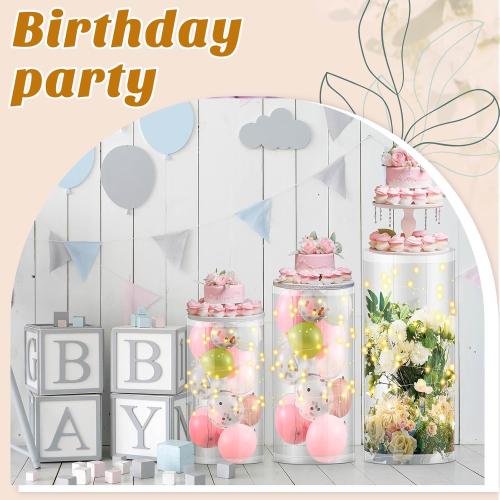 3 Pcs Cylinder Stands for Party, PVC Large Clear Cake Pedestal Stand, Round Reusable Dessert Display Tables for Birthday Wedding Baby Shower Decoration, 35. 4'' H, 29. 5'' H, 23. 6'' H