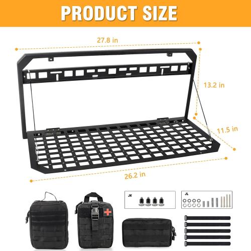Tailgate Table Storage Rack Compatible with Jeep Wrangler 2007-2018 JK JKU & 2018-2025 JL JLU 4 Doors, Foldable Rear Cargo Shelf MOLLE Panel Camping Desk Organizer(Not fit with Low Speaker JK Models)
