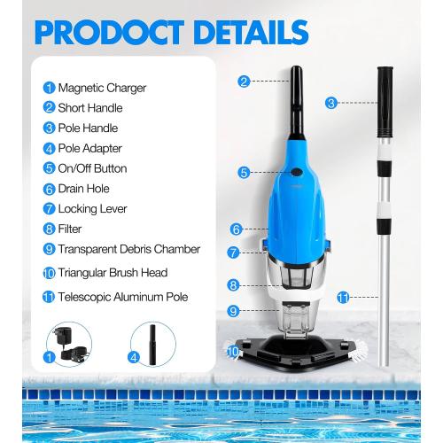 KlrSwp Cordless Pool Vacuum for Above Ground Pool, Magnetic Charging Handheld Pool Vacuum Cleaner, Anti-backflow Design Spa Vacuum for Hot Tub with Telescopic Pole | 18.5GPM Suction, 80-Min Runtime