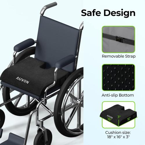 AUVON Wheelchair Seat Cushions (18x16x3) for Sciatica, Back, Coccyx, Pressure Sore and Ulcer Pain Relief, Memory Foam Pressure Relief Cushion with Removable Strap, Breathable & Waterproof Fabric
