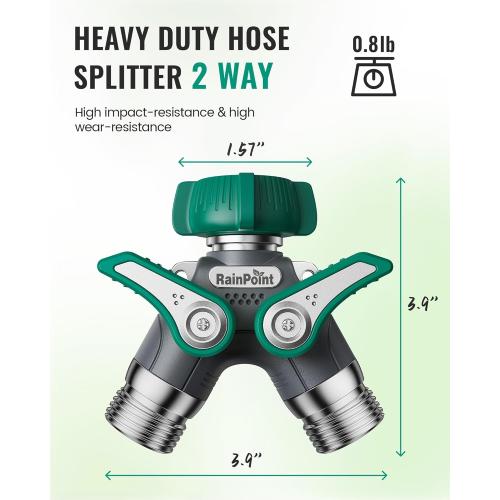 RAINPOINT Garden Hose Splitter 2 Way Heavy Duty, 3/4'' Connector Water Hose Bib Y Spigot Splitter with Shut-Off Valve, 100% Metal Body Full Flow Outdoor Water Faucet Adapter Fittings (1 Pack)