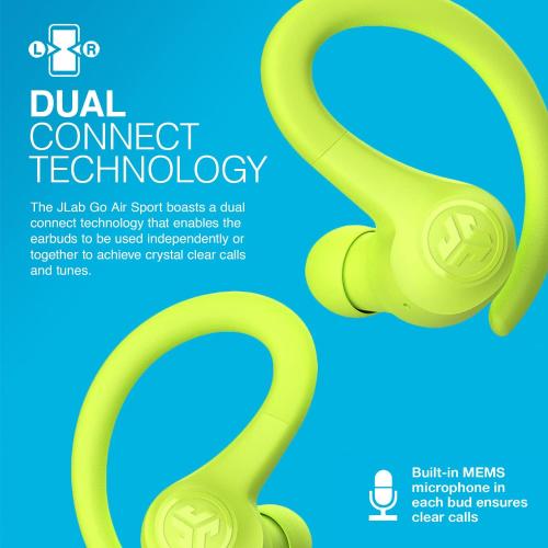 JLab Go Air Sport True Wireless Earbuds, Yellow, Featuring C3 Clear Calling, Secure Earhook Sport Design, 35  Hour Bluetooth Playtime, and 3 EQ Sound Settings