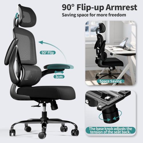 TRALT Office Chair Ergonomic Desk Chair - Gaming Chair with Lumbar Support | 330 LBS Home Office Desk Chairs with Headrest, Reading Chair with Flip-up Armrests, Comfortable Computer Chairs (1, Black)