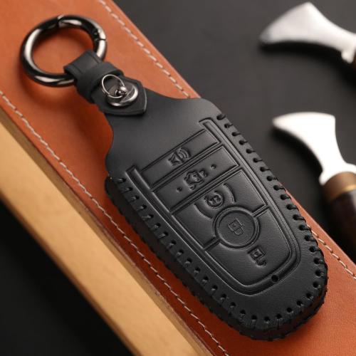 Key Fob Cover Genuine Leather with Keychain Key Ring Case Holder Protector Compatible with Ford F150 Bronco Explorer Mustang Expedition Edge Fusion F250 F350 F450 F550 2022 2021 2020 2019 2018 2017