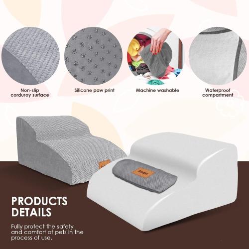 Grey 11.8H Extended Dog Stairs, 2 Step, 30D Foam Pet Stairs with Waterproof Cover,Dog Step for Small Dogs Cats with Old/Injured, 11.8 H,Wider Step