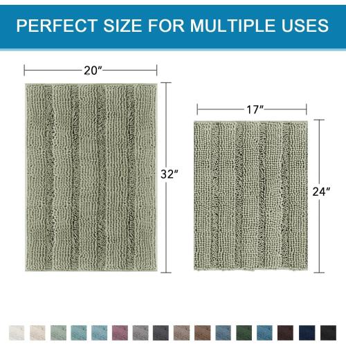 H.VERSAILTEX Bathroom Rug Sets 2 Piece Bath Mats Non Slip Thick Soft Chenille Striped Bath Rug achine Washable Shower Floor Rugs for Tub, Shower and Floor (Eucalyptus Green, 20 x 32/17 x 24)
