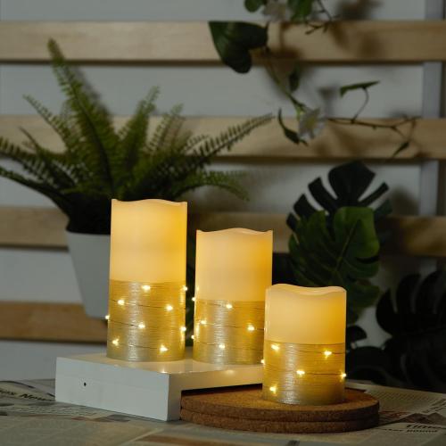 H-BLOSSOM Flickering Flameless Candles Ivory Real Wax Pillar with Embedded String Lights LED Candles Battery Operated with 10 Key Remote and Cycling 5H Timer Set of 3 (3 x 4/5/6) (Gold)