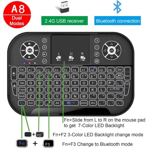 A8 Mini Bluetooth Keyboard, Dual Modes(2.4GHz/Bluetooth) Wireless Keyboard Controller with Touchpad Mouse Combo,3-7 RGB Backlits, Rechargeble, Remote Control for Computer/Tablet/Mobile Phone/TV Box
