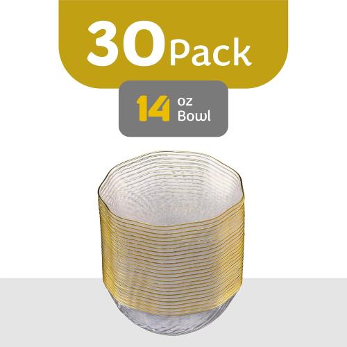 PLASTICPRO 19 Pack Elegant Plastic Plates 14 ounce Bowls Clear with Gold Rim Spiral Design Disposable Plastic Dinner Bowls