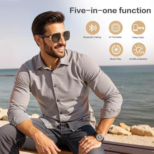 AI Smart Glasses with Chat GPT, AI Translation Glasses with 164 Language, Classic Aviator Sunglasses with Voice Assistant/AI Calling, IP65 Waterproof, Multifunctional Smart Glasses for Men Women