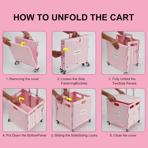 MACOPRO Folding Utility Cart Portable Rolling Crate Handcart Shopping Trolley Collapsible Tool Box, with Lid, Basket on 4 Rotate Wheels, for Grocery, Shopping, Office, Teacher (Pink)