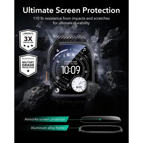 ESR Armorite Screen Protector for Apple Watch Ultra 3 2025 /Ultra 2 /Ultra (49 mm), Military Grade Protection, Tempered Glass Film with Aluminum Alloy Frame, Anti-Scratch, 2 Pack, Black
