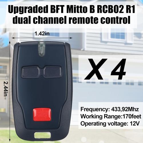 Kingdder 4 Pcs 2 Channel Remote Control Compatible with BFT Mitto B RCB02 R1, 433.92mhz Gate Opener Remote Control Transmitter for All Kinds of Doors, Easy to Program