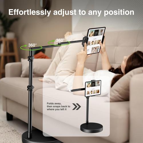 elitehood Adjustable Tablet Floor Stand with Heavy Duty Base, 24in Horizontal Long Arm iPad Floor Stand Holder for Bed Recliner Sofa, Compatible with iPad mini Air Pro 13/12.9 and 4.7-13in Devices