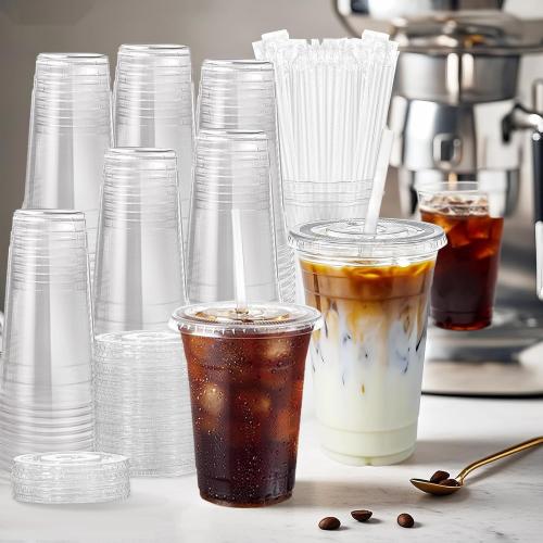 100 Pack 16 oz Clear Plastic Cups with Lids and Straws, [Leak-Proof & Crack-Resistant] Disposable Iced Coffee Cups for Smoothies, Bubble Tea, Juice and Cold Drinks, BPA Free