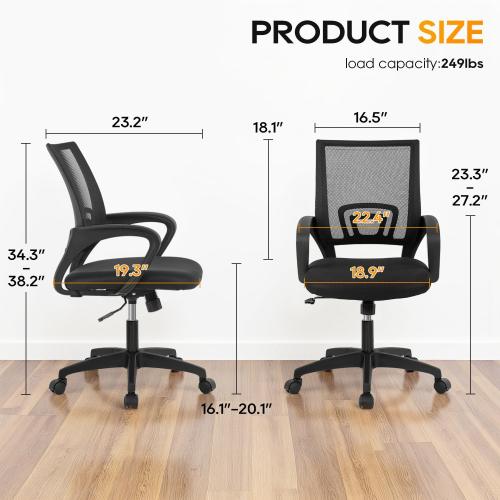 BestOffice | Ergonomic Office Chair | Mid-Back Swivel Desk Chair | Breathable Backrest & Lumbar Support | Adjustable Height | Sponge Seat | Rolling Wheels | Dark Black | for Adults & Women