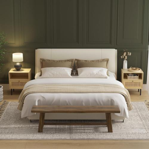 Angel Sar Rattan Nightstands Set of 2, Boho Night Stand with 1 Door, Accent End Table, Wood Bediside Table with Metal Legs&Open Shelf, Natural Wood