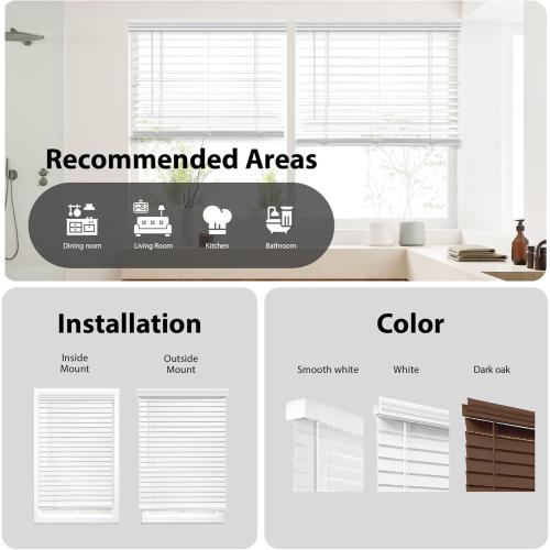 DEZ FURNISHINGS Cordless 2 Faux Wood Blind, 32 W x 48 H, White