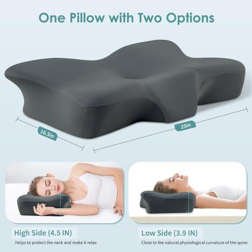 Cervical Neck Pillow, Ergonomic Memory Foam Cervical Pillows, Contour Side Sleeper Pillows for Adults, Orthopedic Neck Support Pillow for Back Stomach Sleeper with Removable Pillowcase (Dark Grey)
