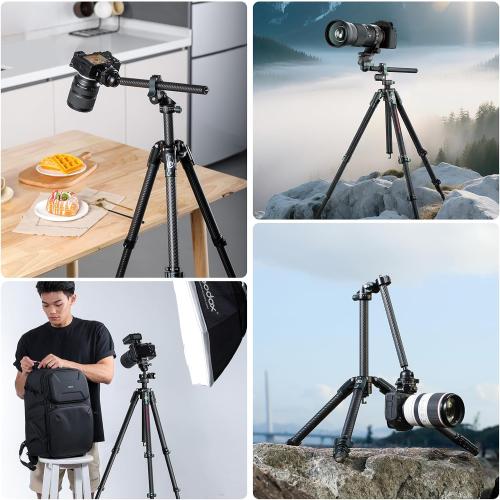 ULANZI JJ05 GlideGo Carbon Fiber Photo Tripod, Dual 360° Pan Head, 72.4 inch Max Height, 11 lb Load, UKA Quick Release, Professional Portable Lightweight Travel Tripod with Bag