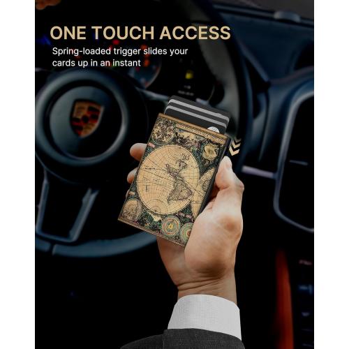 typecase Mens Wallet Card Holder: Pop Up Aluminum Case, Carbon Fiber Leather, Smart, RFID Blocking, Slim, Minimalist, Front Pocket - 9-14 Card Capacity | ID Window | Cash Slot (Map)